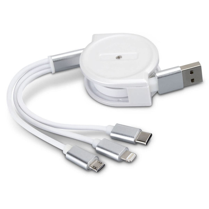A retractable white charging cable with USB, Lightning, and USB-C connectors, featuring a silver accent.