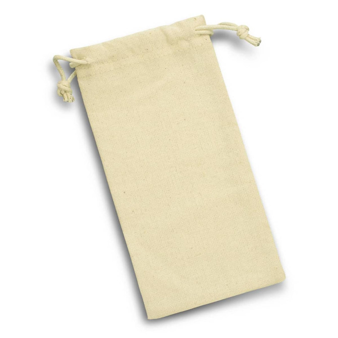 A cotton drawstring pouch in a light cream colour, featuring a simple design and a drawstring closure.