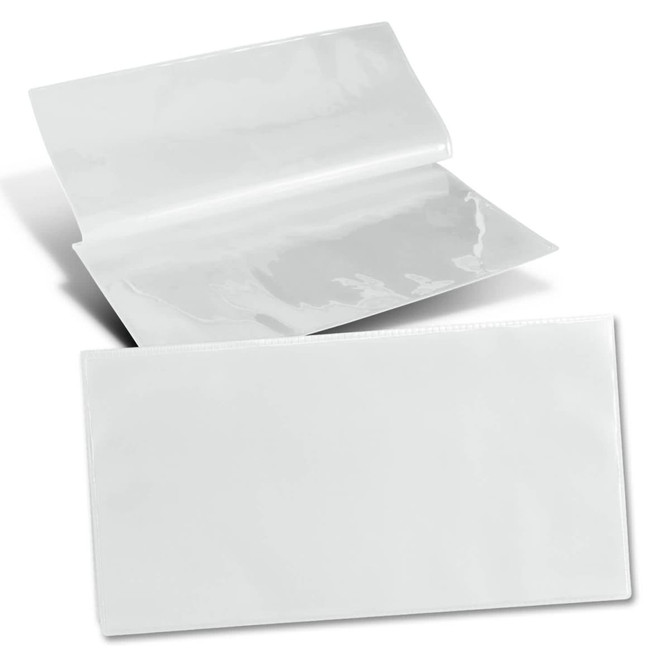 A clear, glossy vinyl travel wallet with an open and closed view, featuring a simple, minimalist design.