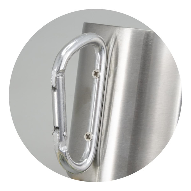 A stainless steel coffee mug featuring a silver carabiner handle. The mug has a sleek finish and includes a logo.