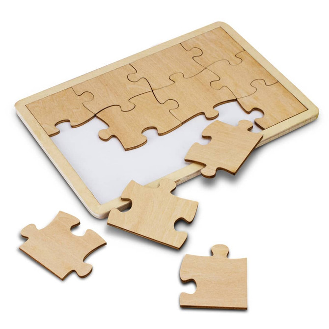A wooden 12-piece puzzle with a light wood finish, featuring several pieces outside the frame.