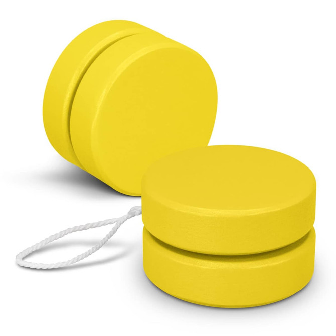 A yellow wooden yoyo with a white string, featuring a smooth finish and rounded edges. It has a logo on one side.