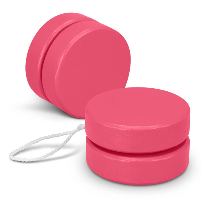 A pink wooden yoyo with a string, featuring a round design and a smooth finish. It has a simple branding logo.