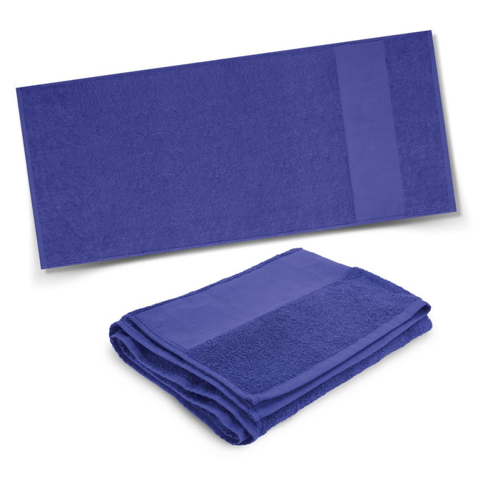 A folded and flat towel in a vibrant blue colour, featuring a textured stripe and a logo.