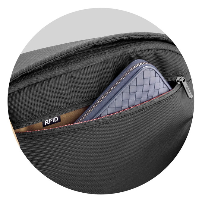 A black bag featuring an exterior pocket with a blue wallet and RFID tag visible inside.
