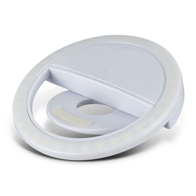 A round, white selfie phone light with a built-in stand and a circular design, featuring LED lights around the edge.