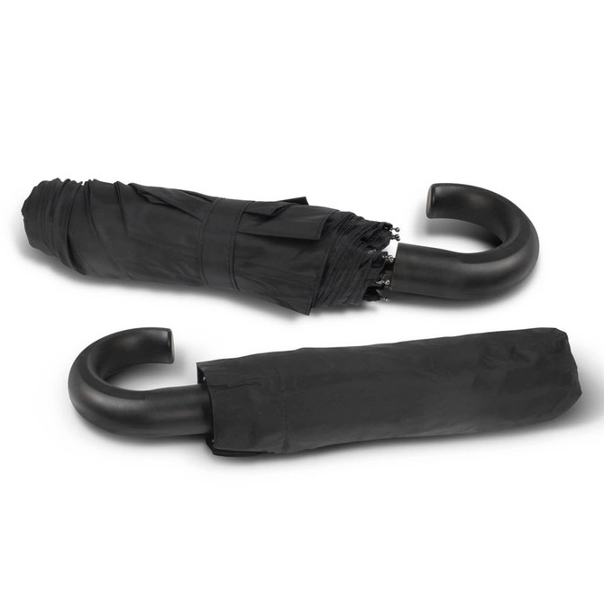 A black umbrella, partially opened and closed, with curved handles and a simple design. It features a logo.