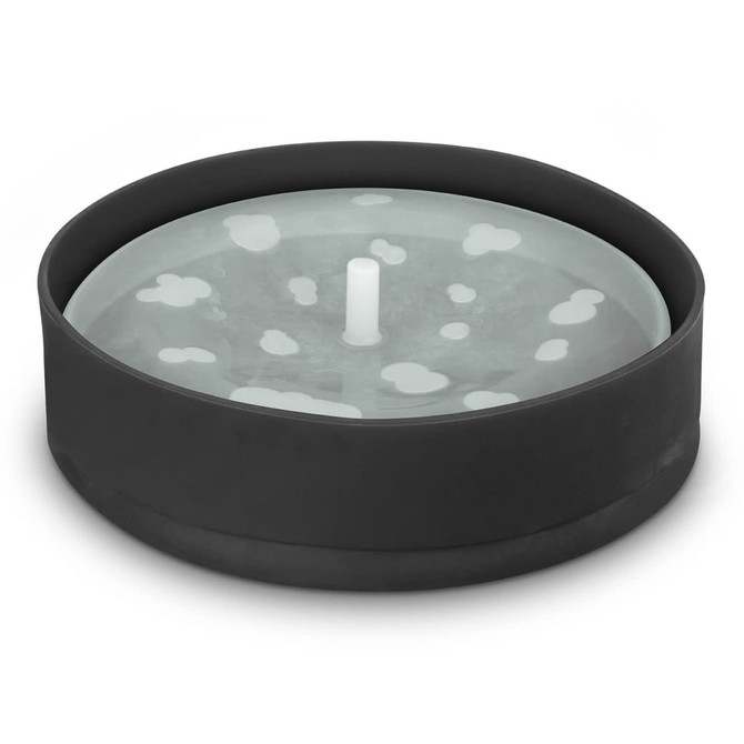 A grey microwave popcorn popper with a black base and white central element. It features a logo on the side.