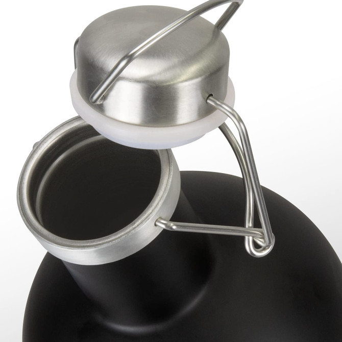 A drink bottle featuring a matte black finish and a stainless steel cap with a wire bail closure.