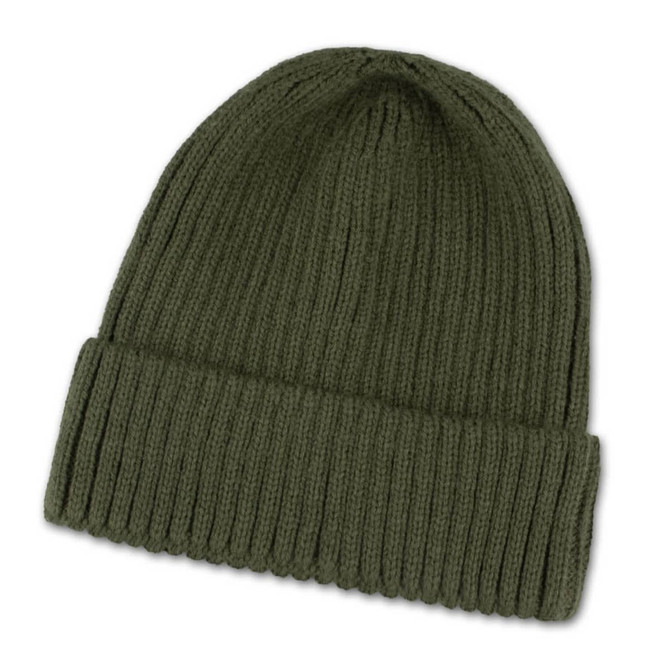 A green beanie with a ribbed design, featuring a folded cuff. It has a logo on it.