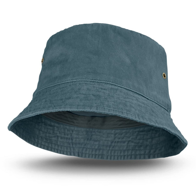 A faded teal bucket hat with a wide brim, featuring two metal eyelets and a textured finish.