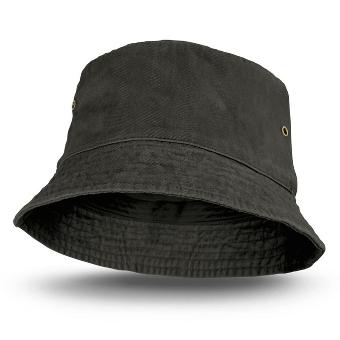 A faded black bucket hat with brass eyelets and a wide brim, featuring a subtle texture.