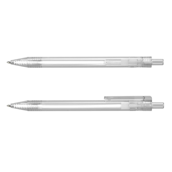 A clear plastic pen displayed from two angles, featuring a sleek design and a silver clip. It includes a logo.