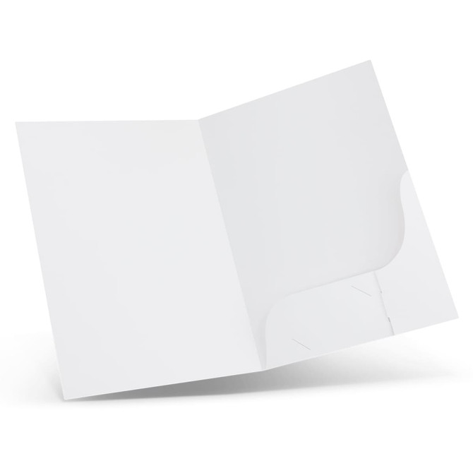 A white A4 presentation folder featuring a curved pocket design and a branding logo.