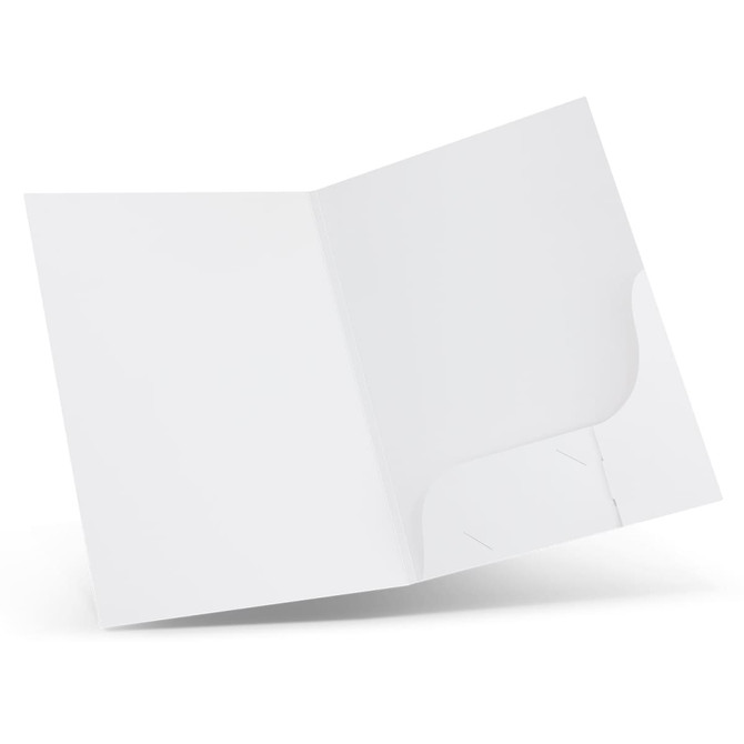 A white A4 presentation folder with a spine and internal pockets, featuring a minimalist design and branding.