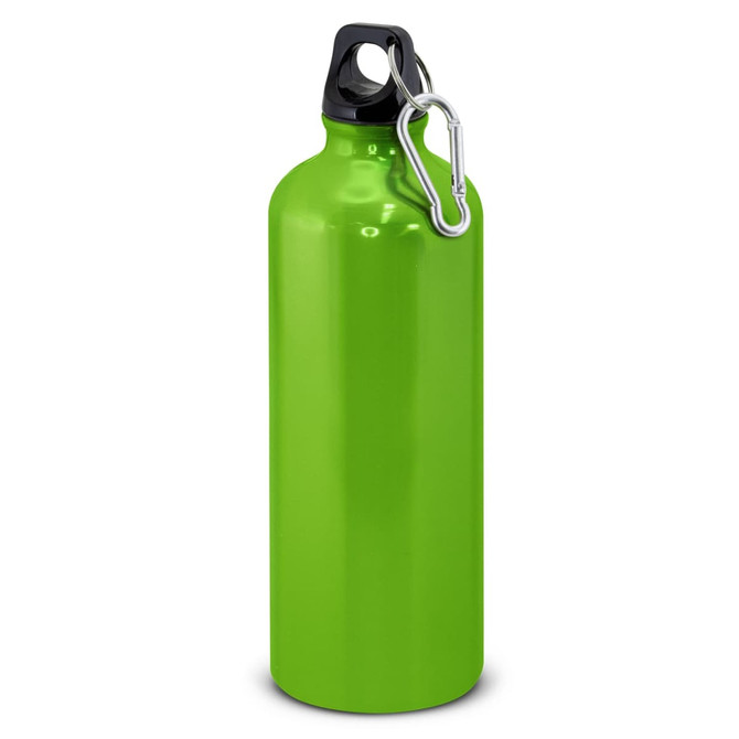 A drink bottle in vibrant green, featuring a black top and a metal carabiner clip. It has a sleek, smooth design.