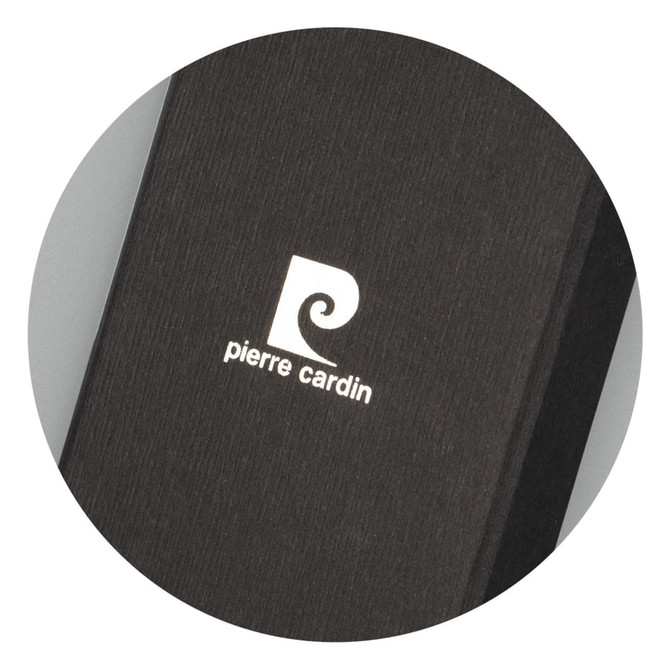 A black key ring featuring a sleek design and a logo. The surface has a textured finish.