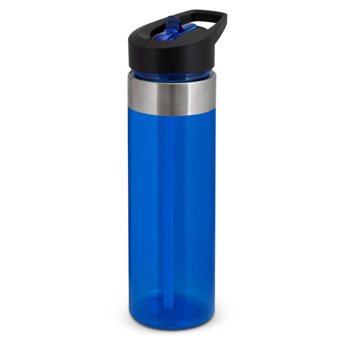 A drink bottle in vibrant blue with a stainless steel band and a black lid, featuring a built-in straw.