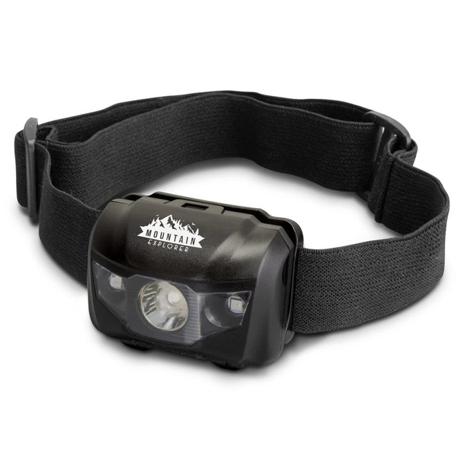A black headlamp torch with an adjustable strap, featuring a branding logo on the front.