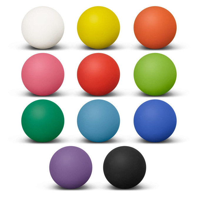 A collection of twelve Hi-Bounce Balls in various colours: white, yellow, orange, pink, red, green, blue, purple, and black. The image has a logo.