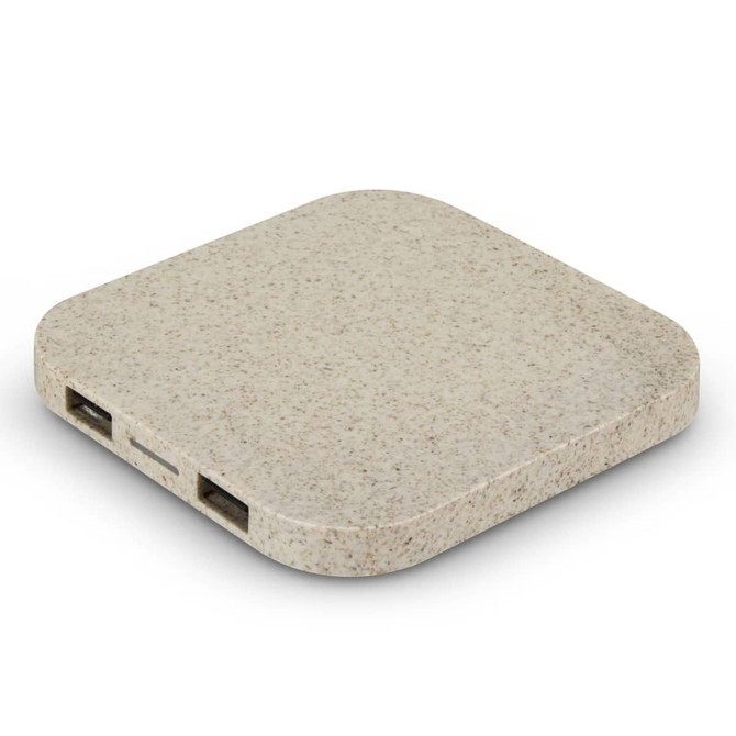 A square wireless charger with a speckled beige surface and two ports on the side, featuring a logo.