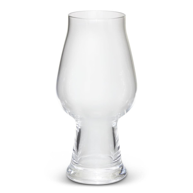 A clear glass beer glass with a unique shape, featuring a wide base and flared top, perfect for beer.