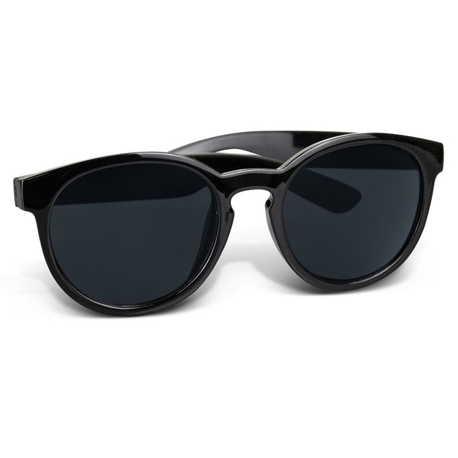 Black sunglasses with round lenses and a glossy finish, featuring a logo on the side.