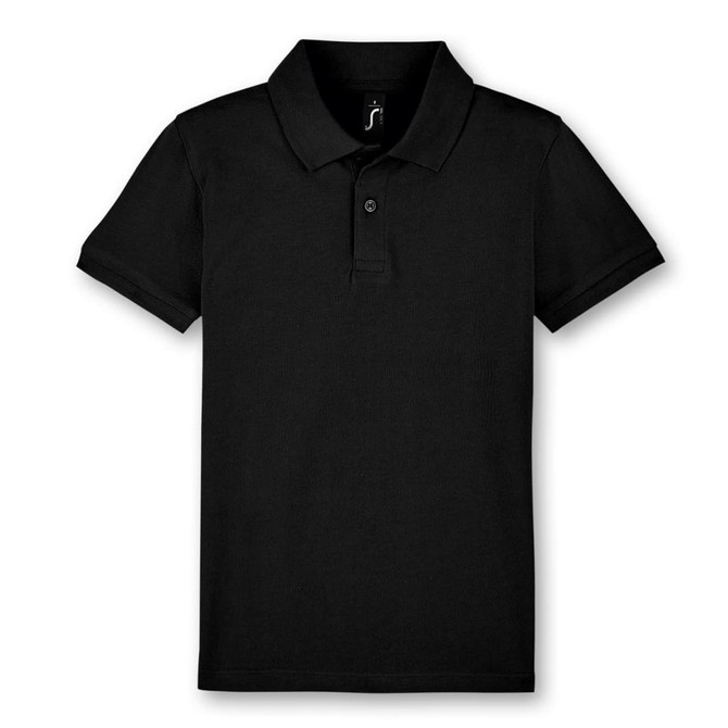 A black polo shirt featuring a collar and three buttons, with a logo on the label.