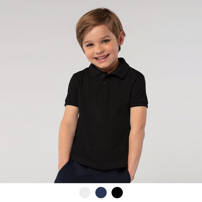 A black polo shirt designed for kids, featuring a collar and short sleeves, modelled by a smiling boy.