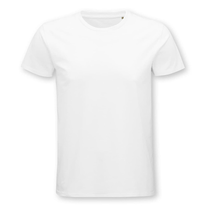 A white organic cotton T-shirt with a classic crew neckline and short sleeves, featuring a logo.