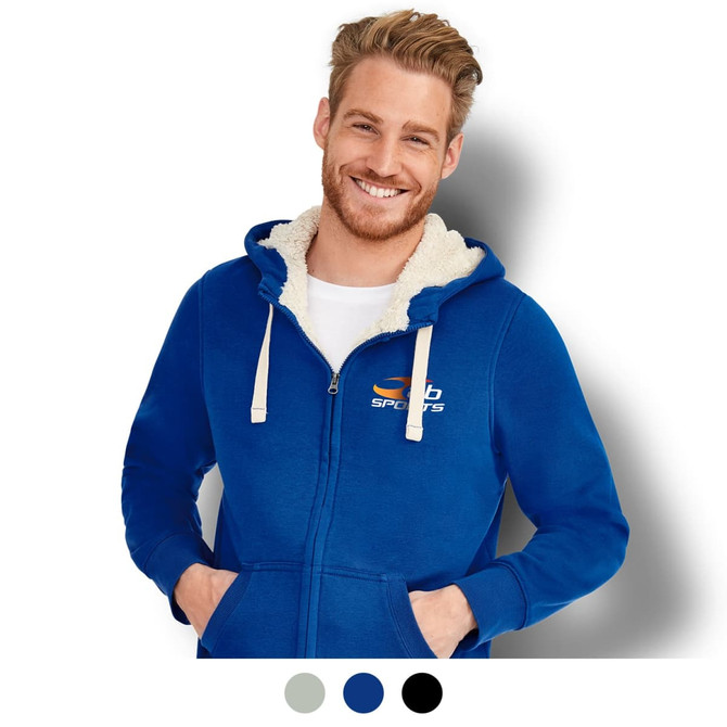 A blue unisex zipped sweatshirt with a fleece-lined hood and front pockets, featuring a logo on the chest.