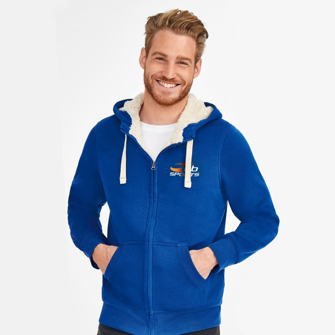 A bright blue unisex zipped sweatshirt with a furry hood lining and a logo on the chest.