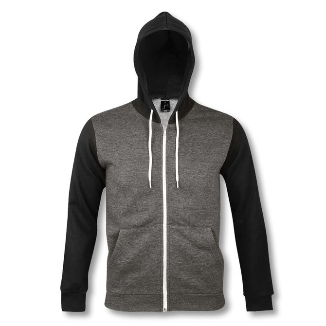 A zipped sweatshirt featuring a mix of grey and black colours with a hood and white drawstrings. It includes a logo.