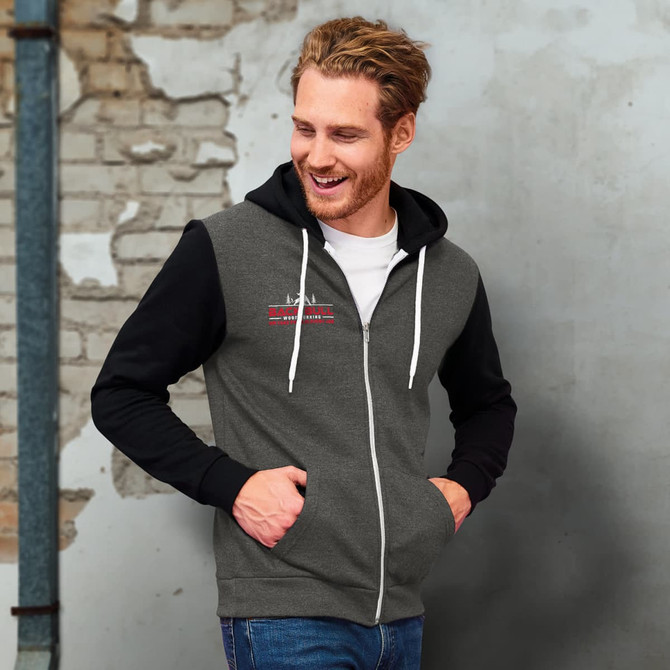 A grey and black unisex zipped sweatshirt with a hood, featuring a front zip and casual design.