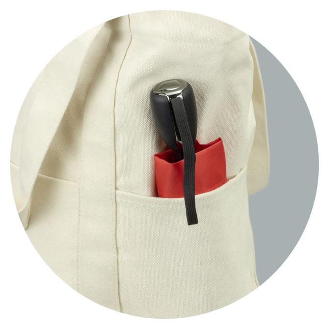 A cream canvas tote bag featuring a black handle and a red pocket holding a drink bottle. The bag has a logo.