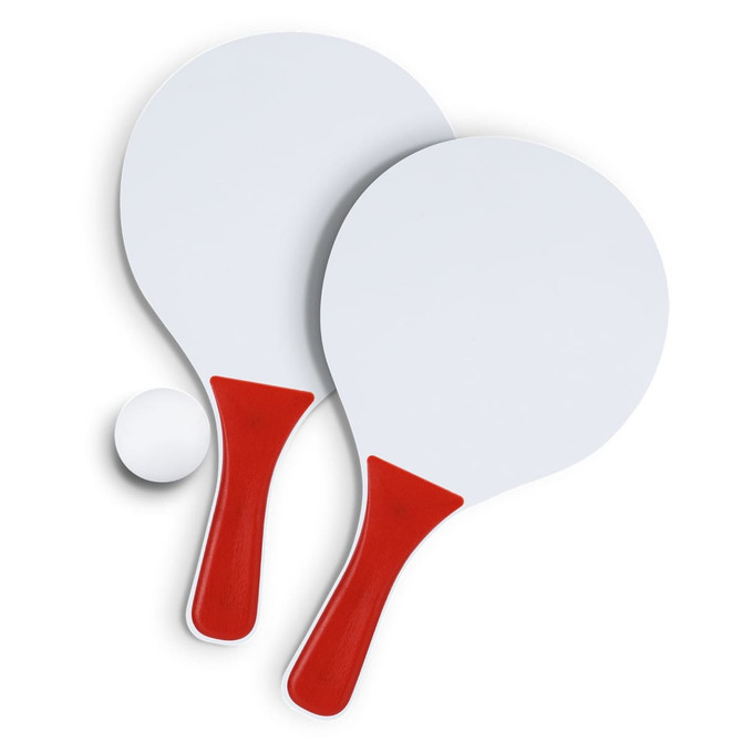 Two paddle ball rackets with white surfaces and red handles, accompanied by a small white ball.