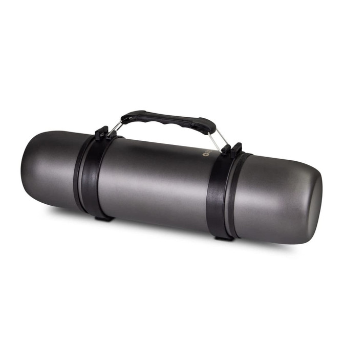 A drink bottle in sleek grey with a sturdy handle and securing straps, featuring a logo.