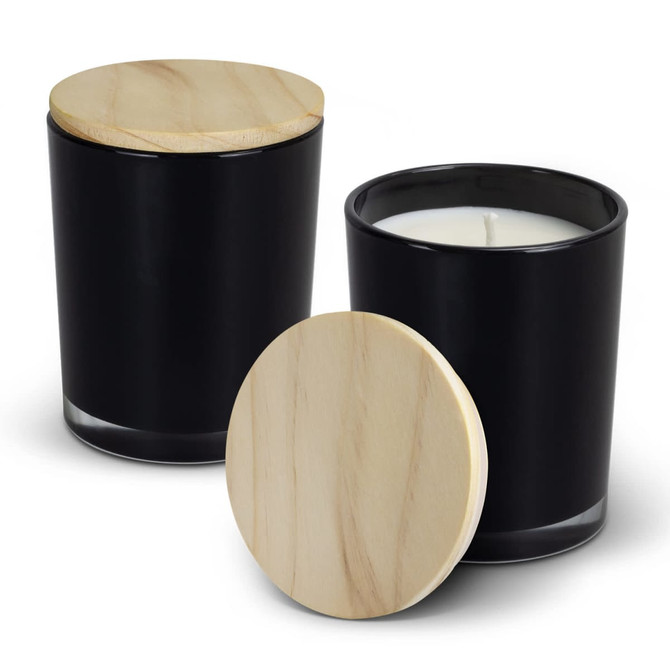 A black glass candle with a wooden lid, featuring a white wax interior. Includes multiple views of the candle.