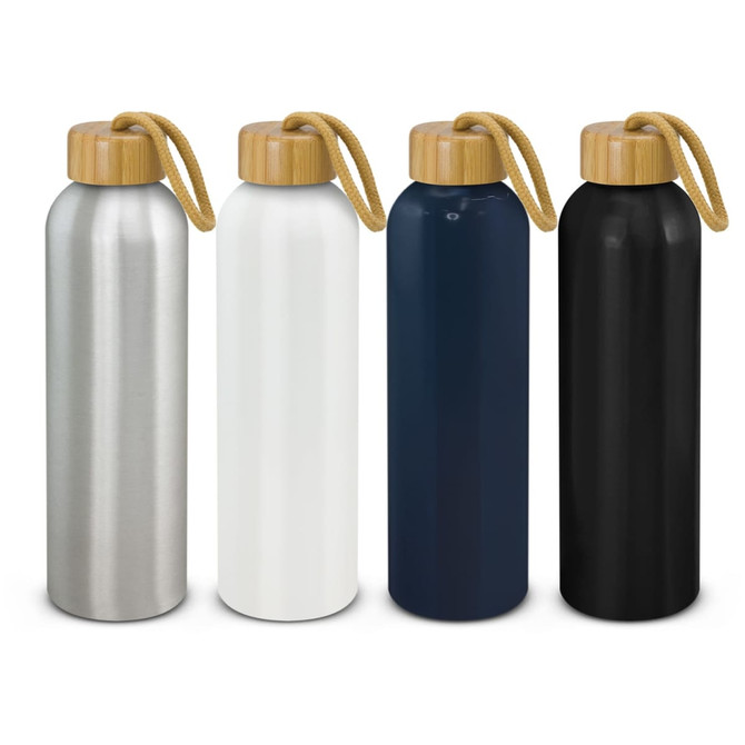 A drink bottle collection featuring aluminium bodies in silver, white, navy, and black, each with bamboo lids and a rope handle.