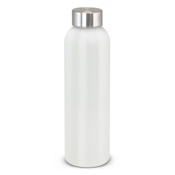 A drink bottle in a sleek white finish with a silver metal cap and a prominent logo.