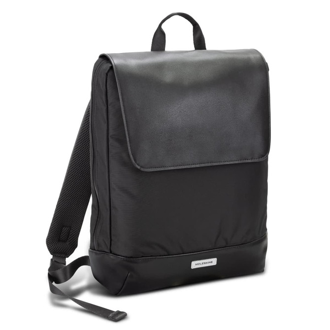 A sleek black backpack with a flap closure, featuring padded back straps and a brand logo on the front.
