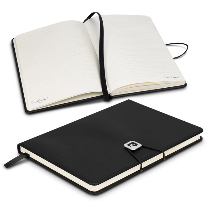 A black notebook gift set with a smooth cover, featuring a ribbon bookmark and elastic closure. It includes lined pages.