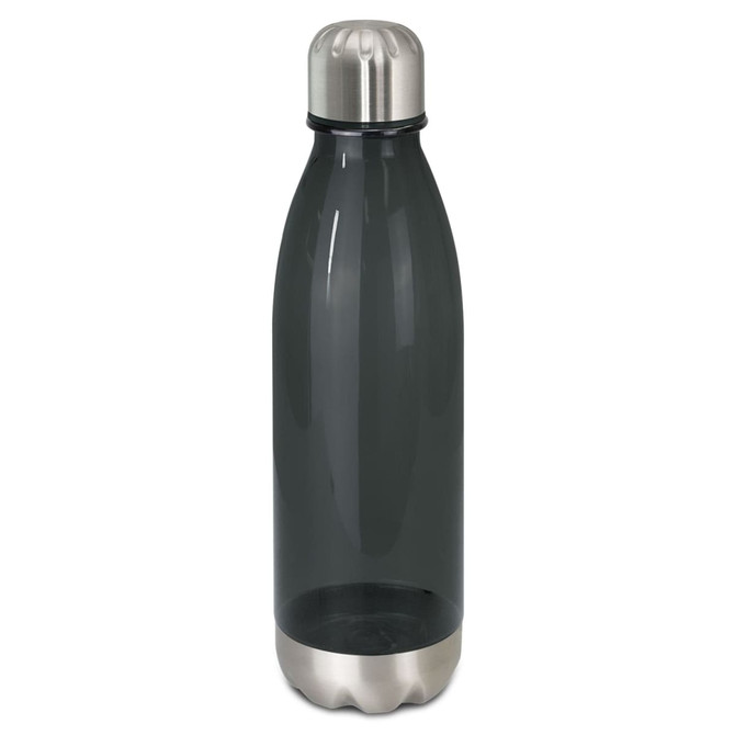 A drink bottle with a translucent grey body and a stainless steel cap, featuring a logo on the front.