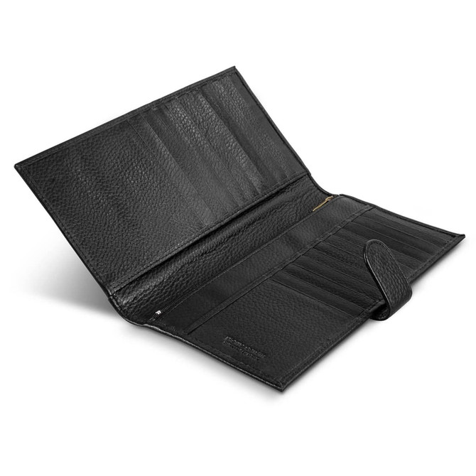 A black leather passport wallet featuring multiple card slots and a secure closure. It has a textured finish and a logo.