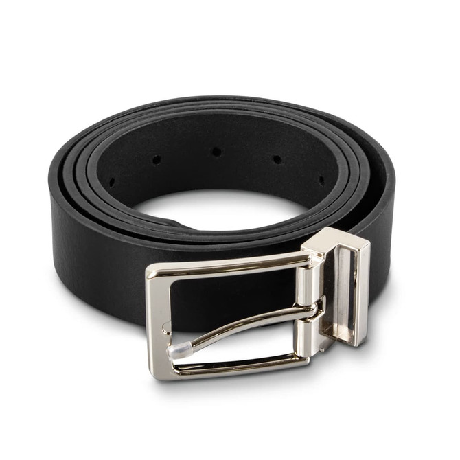 A black leather belt with a silver-toned buckle, featuring multiple holes for size adjustment.