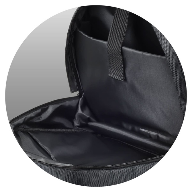A black laptop backpack interior with a spacious compartment and zipper, featuring straps for easy carrying.