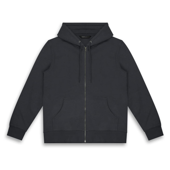A unisex hoodie in a dark colour, featuring a zip-up front and two front pockets. It has a hood and drawstrings.