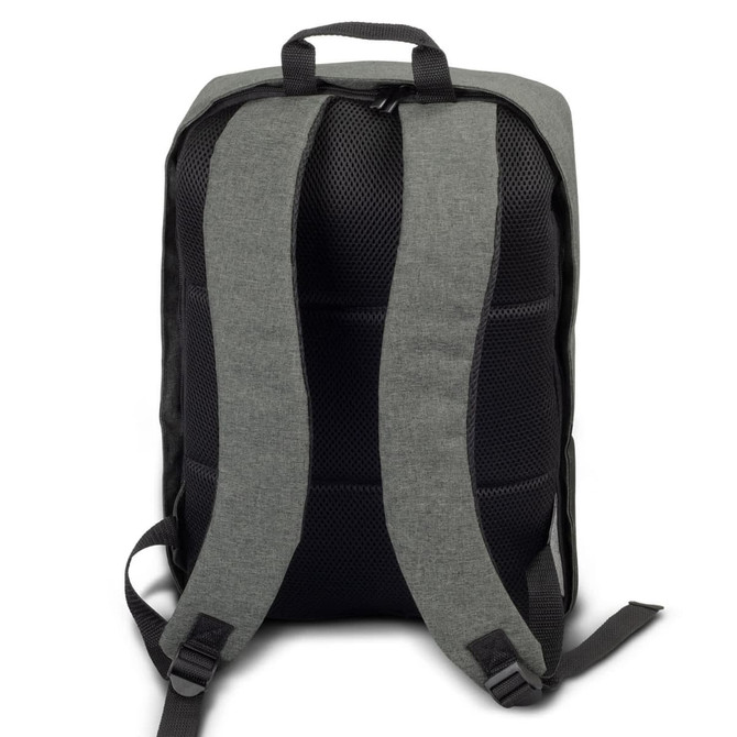 A grey and black backpack featuring padded shoulder straps and a mesh back panel, with a logo on it.