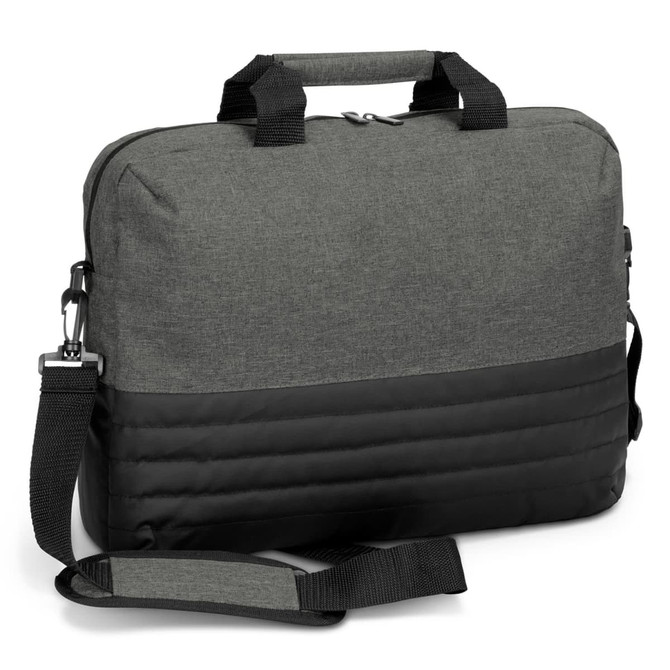 A grey and black laptop bag with dual handles and a detachable shoulder strap, featuring a textured design.