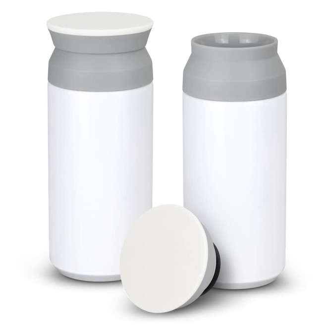 A drink bottle set featuring two white vacuum cups with grey lids, one with the lid removed.